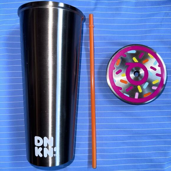 EUC 2020 DUNKIN DONUTS 24oz Stainless Steel Travel Tumbler W Straw Sprinkles Lid - Picture 2 of 6